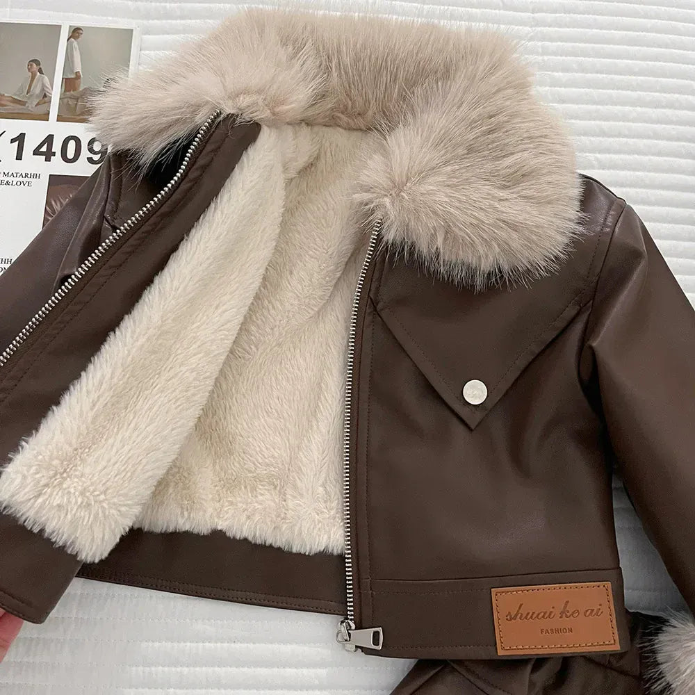 Trendy Kids Apparel Kids Clothing Girls PU Leather Jacket & Pleated Skirt