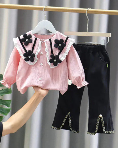 Trendy Kids Apparel Kids Clothing Girls' Spring/Autumn Doll Neck Shirt & Casual Pants Set