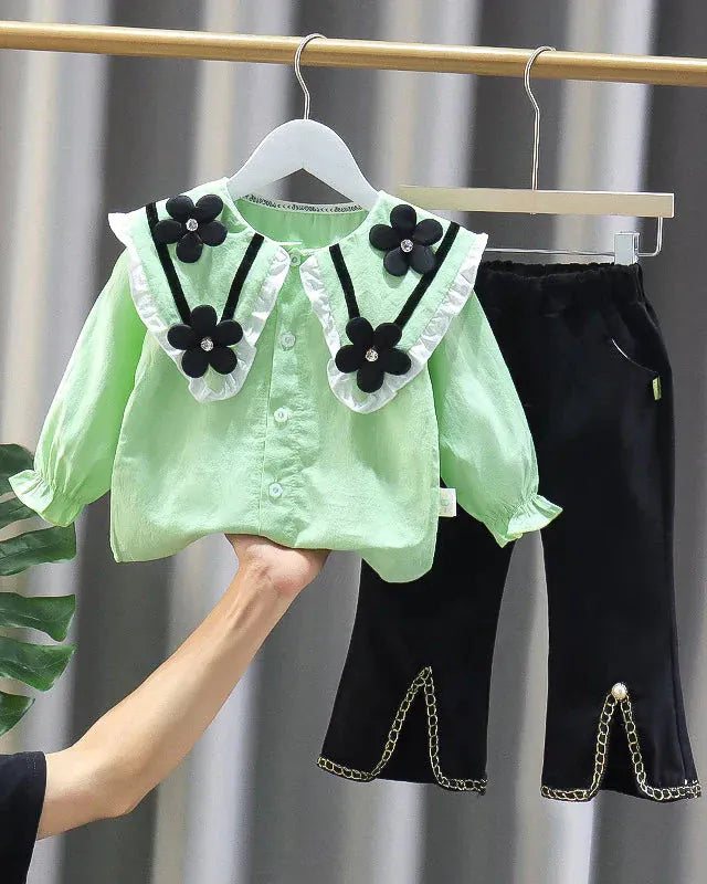 Trendy Kids Apparel Kids Clothing Girls' Spring/Autumn Doll Neck Shirt & Casual Pants Set