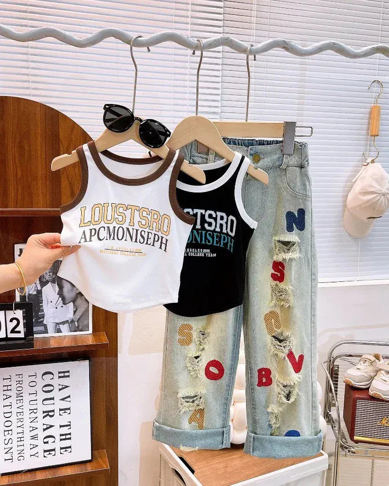 Trendy Kids Apparel Kids Clothing Girls' Street Style Sleeveless Top & Ripped Jeans