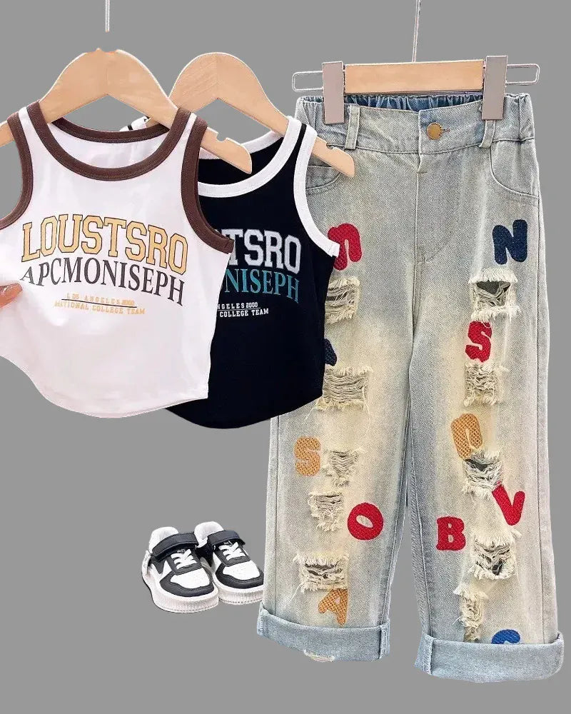 Trendy Kids Apparel Kids Clothing Girls' Street Style Sleeveless Top & Ripped Jeans