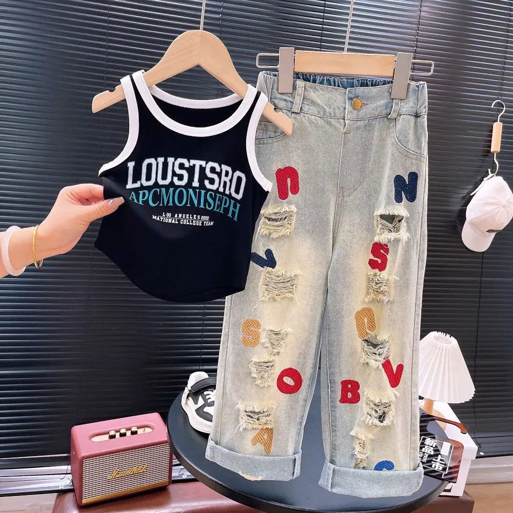 Trendy Kids Apparel Kids Clothing Girls' Street Style Sleeveless Top & Ripped Jeans