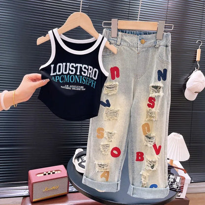 Trendy Kids Apparel Kids Clothing Girls' Street Style Sleeveless Top & Ripped Jeans