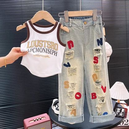 Trendy Kids Apparel Kids Clothing Girls' Street Style Sleeveless Top & Ripped Jeans
