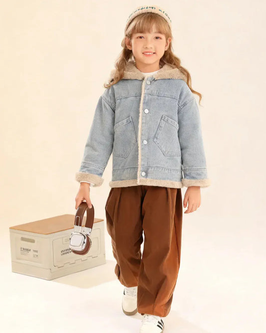 Trendy Kids Apparel Kids Clothing Girls Teddy Fleece Lined Hooded Denim Jacket