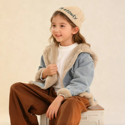 Trendy Kids Apparel Kids Clothing Girls Teddy Fleece Lined Hooded Denim Jacket