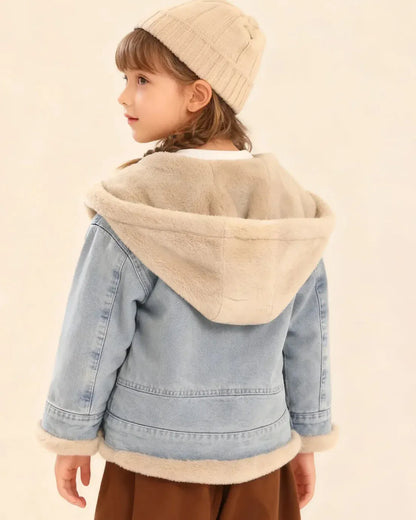 Trendy Kids Apparel Kids Clothing Girls Teddy Fleece Lined Hooded Denim Jacket