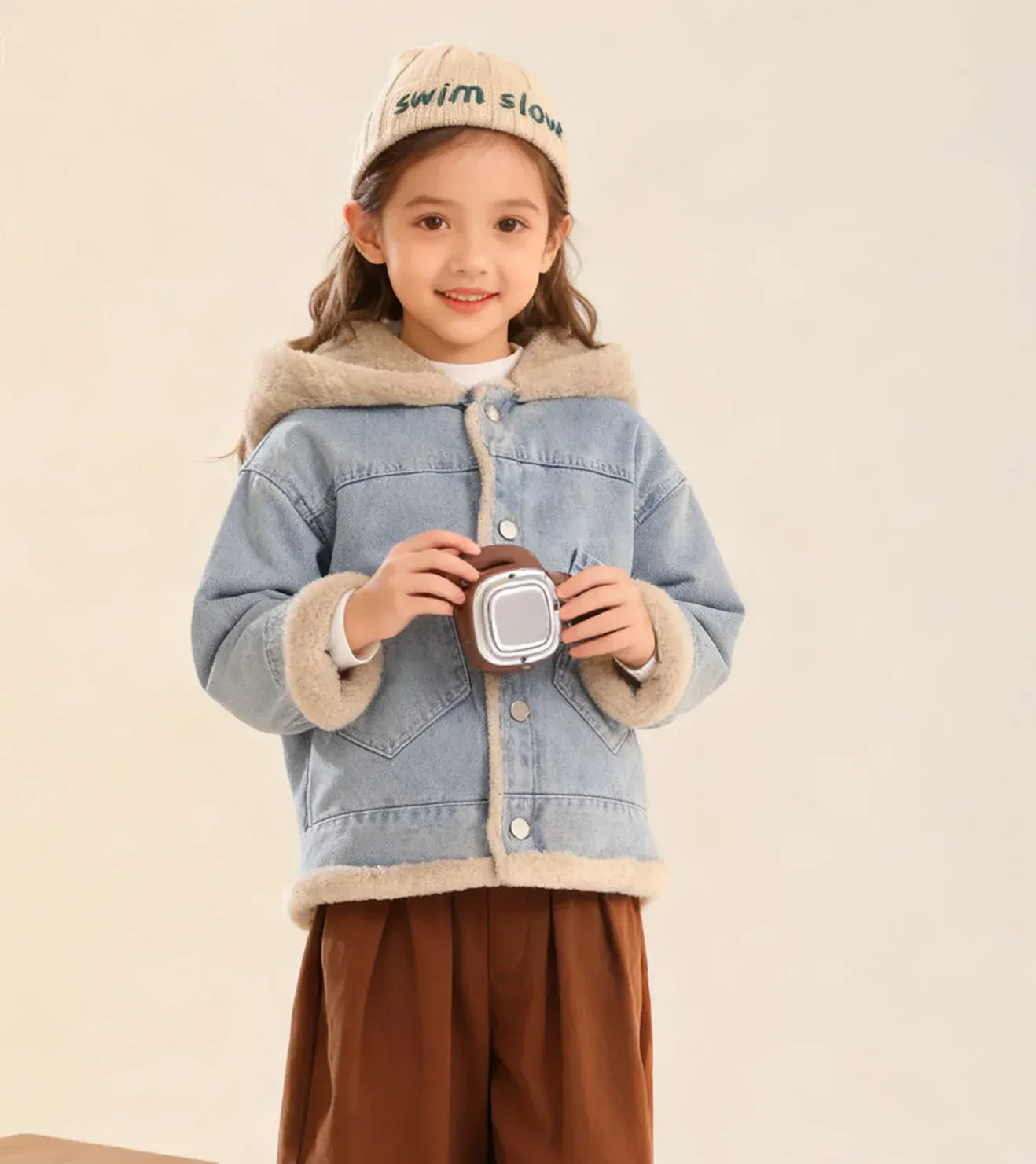 Trendy Kids Apparel Kids Clothing Girls Teddy Fleece Lined Hooded Denim Jacket