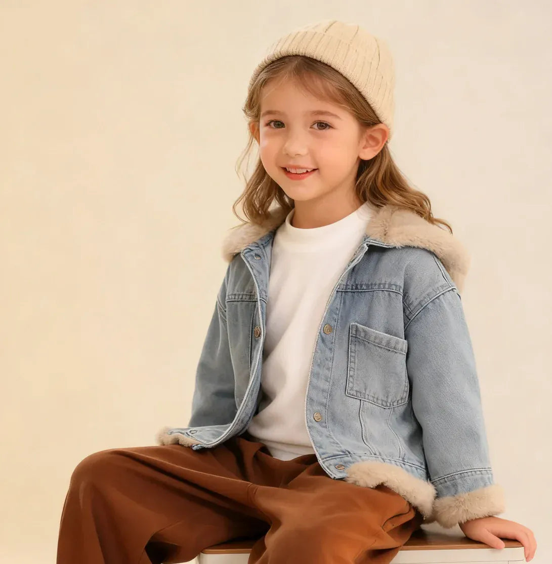 Trendy Kids Apparel Kids Clothing Girls Teddy Fleece Lined Hooded Denim Jacket