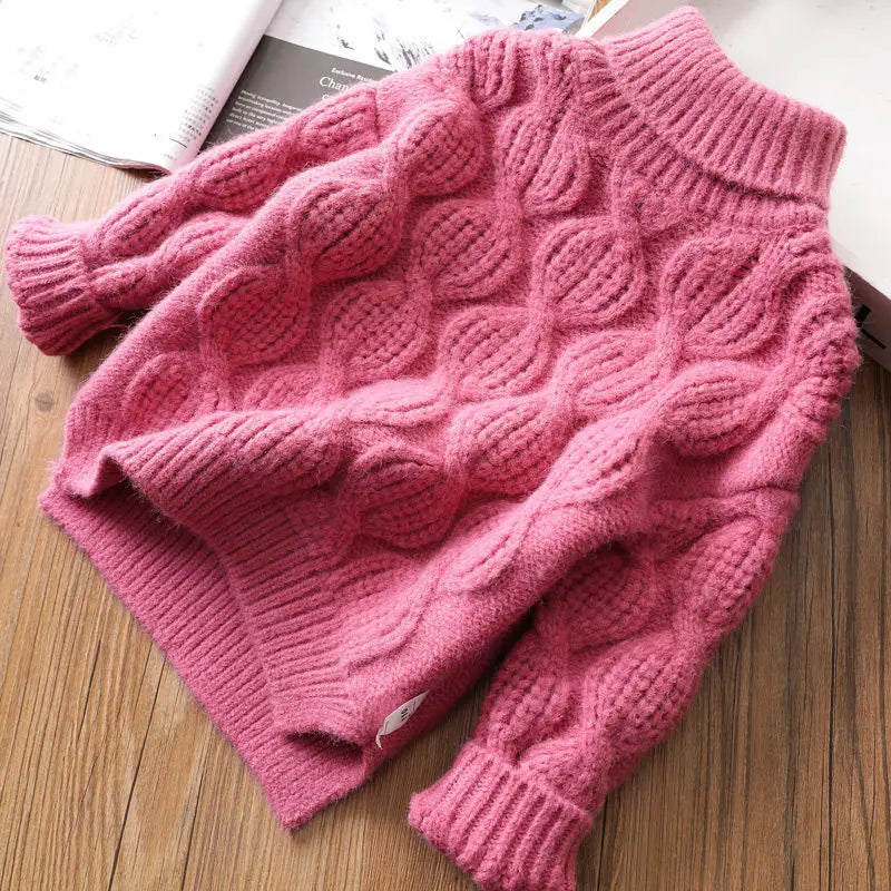 Trendy Kids Apparel Kids Clothing Girls Thickened High-Collar Lined Winter Sweater