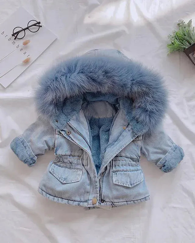 Trendy Kids Apparel Kids Clothing Girls Thickened Hooded Denim Jacket