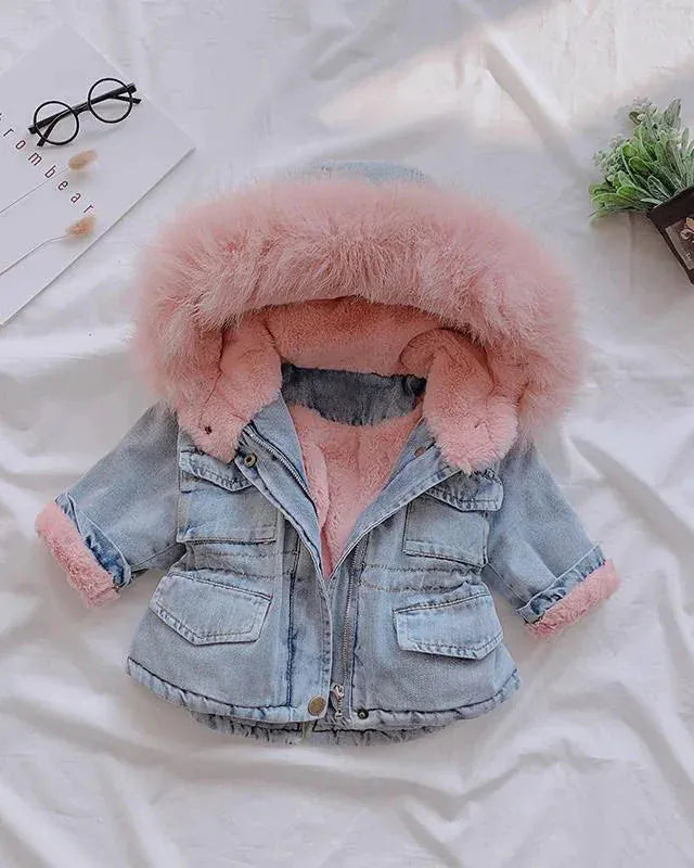 Trendy Kids Apparel Kids Clothing Girls Thickened Hooded Denim Jacket