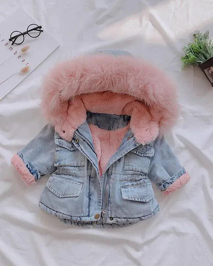 Trendy Kids Apparel Kids Clothing Girls Thickened Hooded Denim Jacket