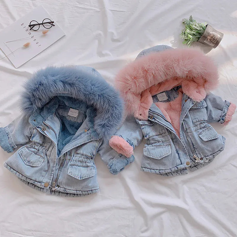 Trendy Kids Apparel Kids Clothing Girls Thickened Hooded Denim Jacket
