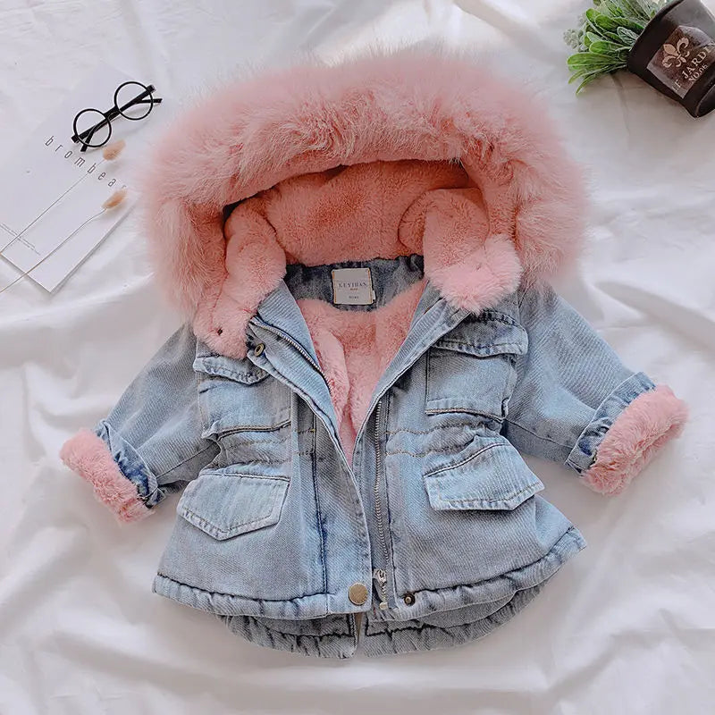 Trendy Kids Apparel Kids Clothing Girls Thickened Hooded Denim Jacket