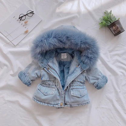 Trendy Kids Apparel Kids Clothing Girls Thickened Hooded Denim Jacket