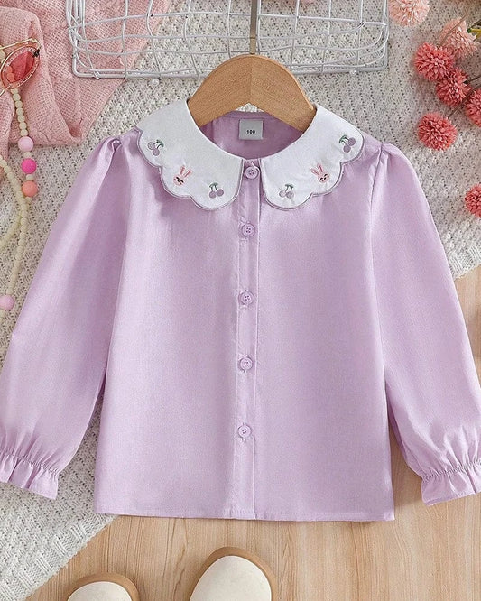 Trendy Kids Apparel Kids Clothing Long Sleeve Purple Blouse for Kids with Bunny Embroidery