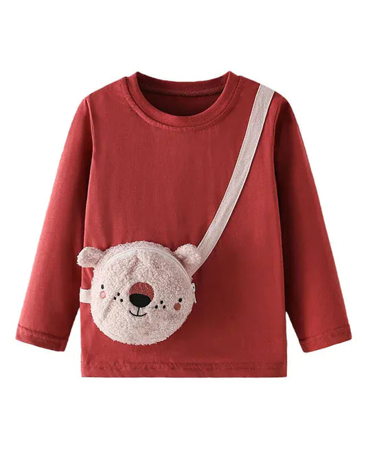 Trendy Kids Apparel Kids Clothing New Style Fashion Girls Real Bear Bag Long Sleeve T-Shirt