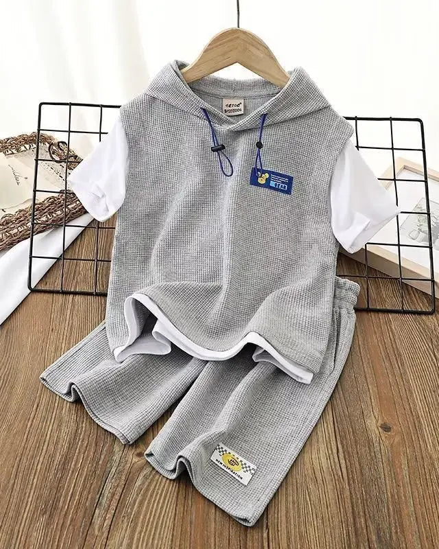 Trendy Kids Apparel Kids Clothing Summer 2-Piece Waffle Outfit | Short Sleeve Hoodie & Matching Bottoms