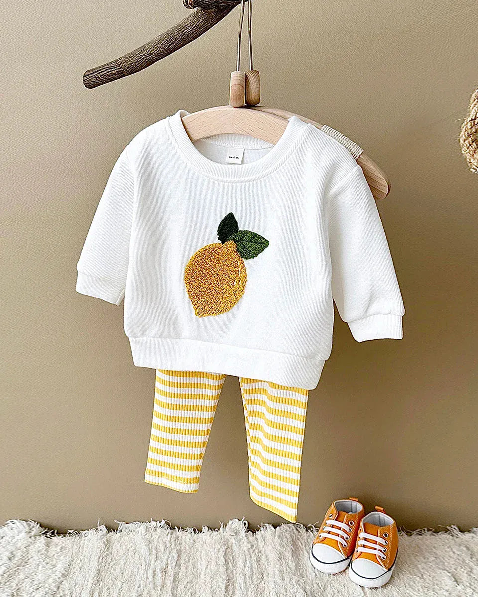 Trendy Kids Apparel Kids Clothing Toddler Cotton Pullover Set with Fruit Embroidery