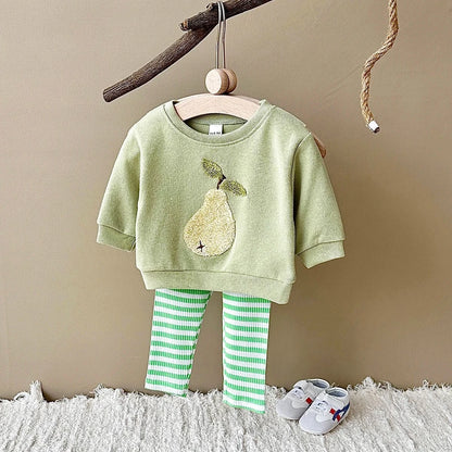Trendy Kids Apparel Kids Clothing Toddler Cotton Pullover Set with Fruit Embroidery