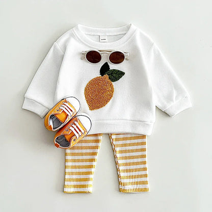Trendy Kids Apparel Kids Clothing Toddler Cotton Pullover Set with Fruit Embroidery