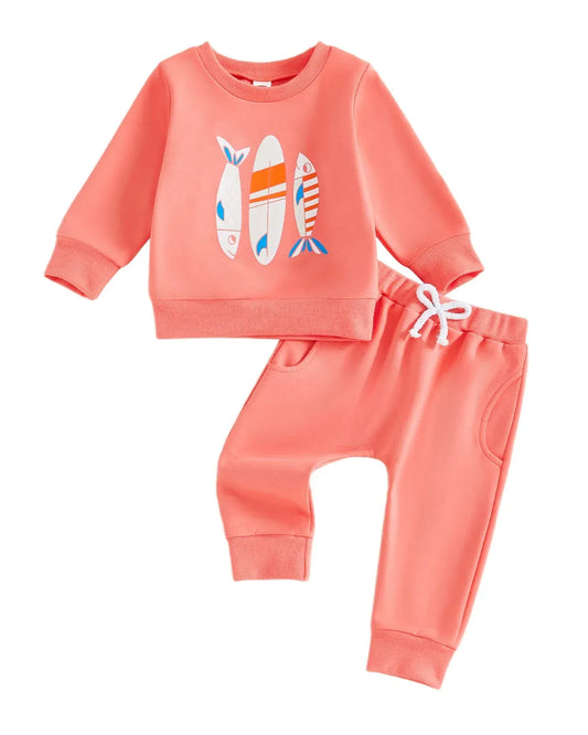 Trendy Kids Apparel Kids Clothing Toddler Girls' Fall Surfboard & Fish Print Outfit Set