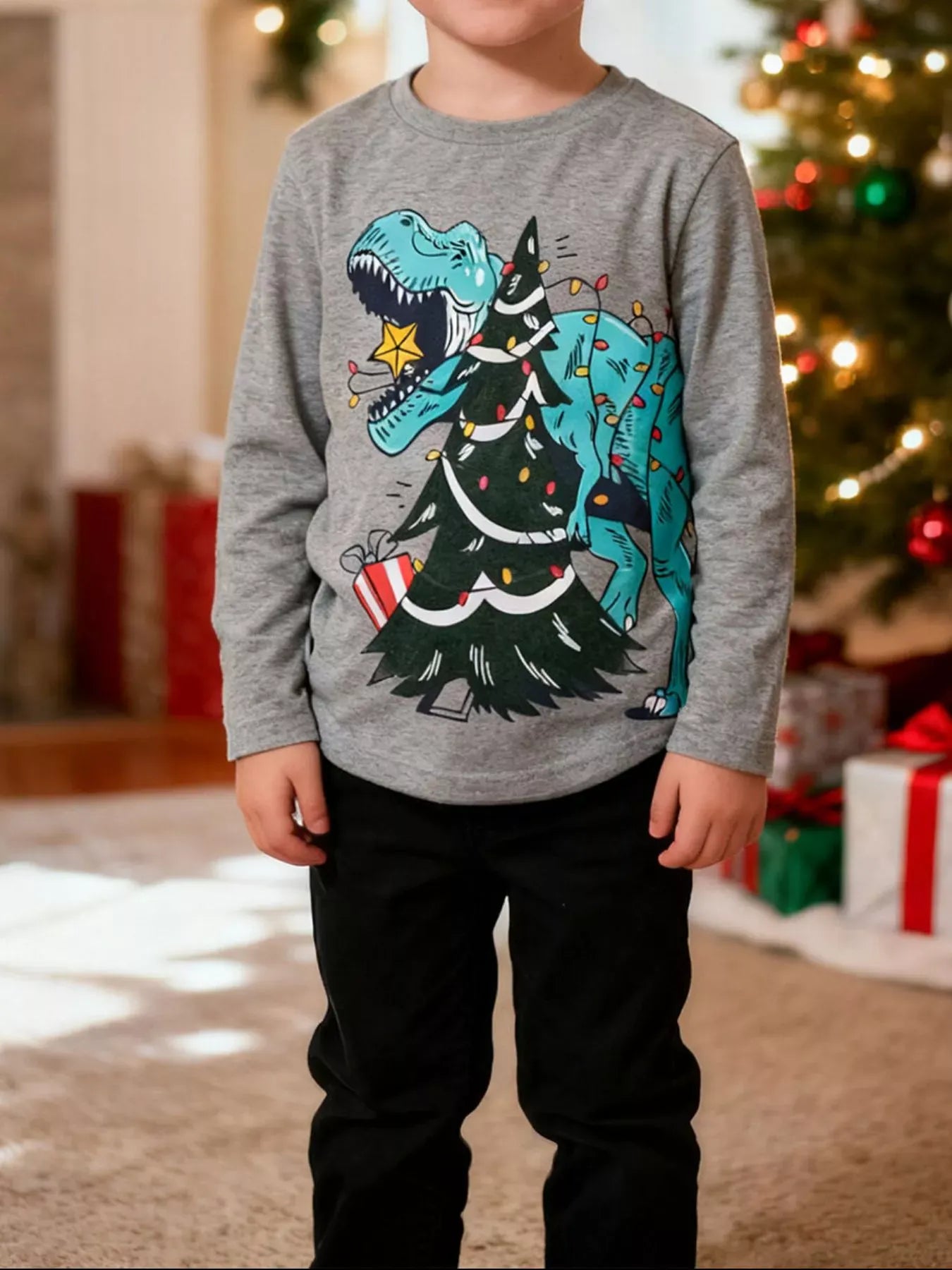 Trendy Kids Apparel US Kids Clothing Boy's Dinosaur Christmas Tree Graphic Long Sleeve T-Shirt