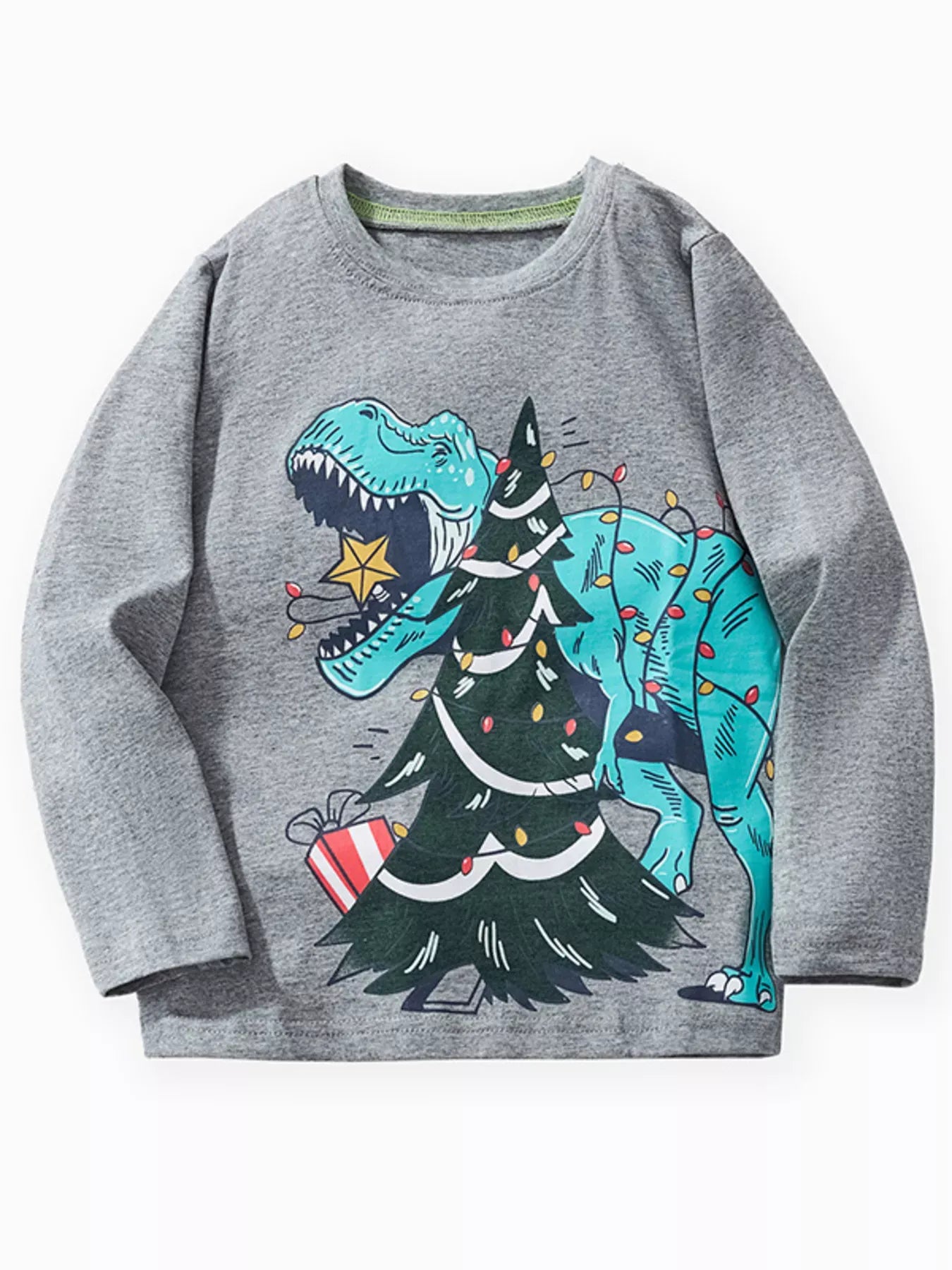 Trendy Kids Apparel US Kids Clothing Boy's Dinosaur Christmas Tree Graphic Long Sleeve T-Shirt