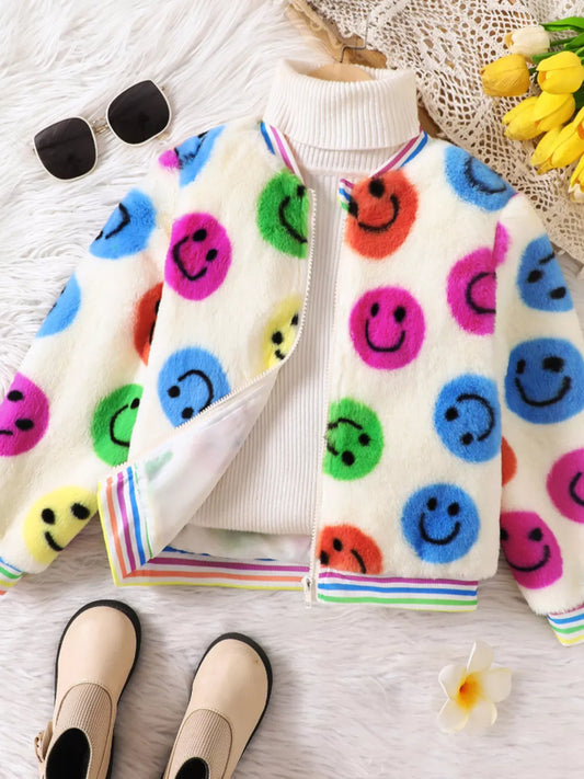Trendy Kids Apparel US Kids Clothing Children's Cheerful Smiley Face Print Plush Jacket