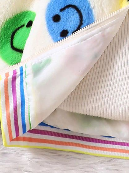 Trendy Kids Apparel US Kids Clothing Children's Cheerful Smiley Face Print Plush Jacket