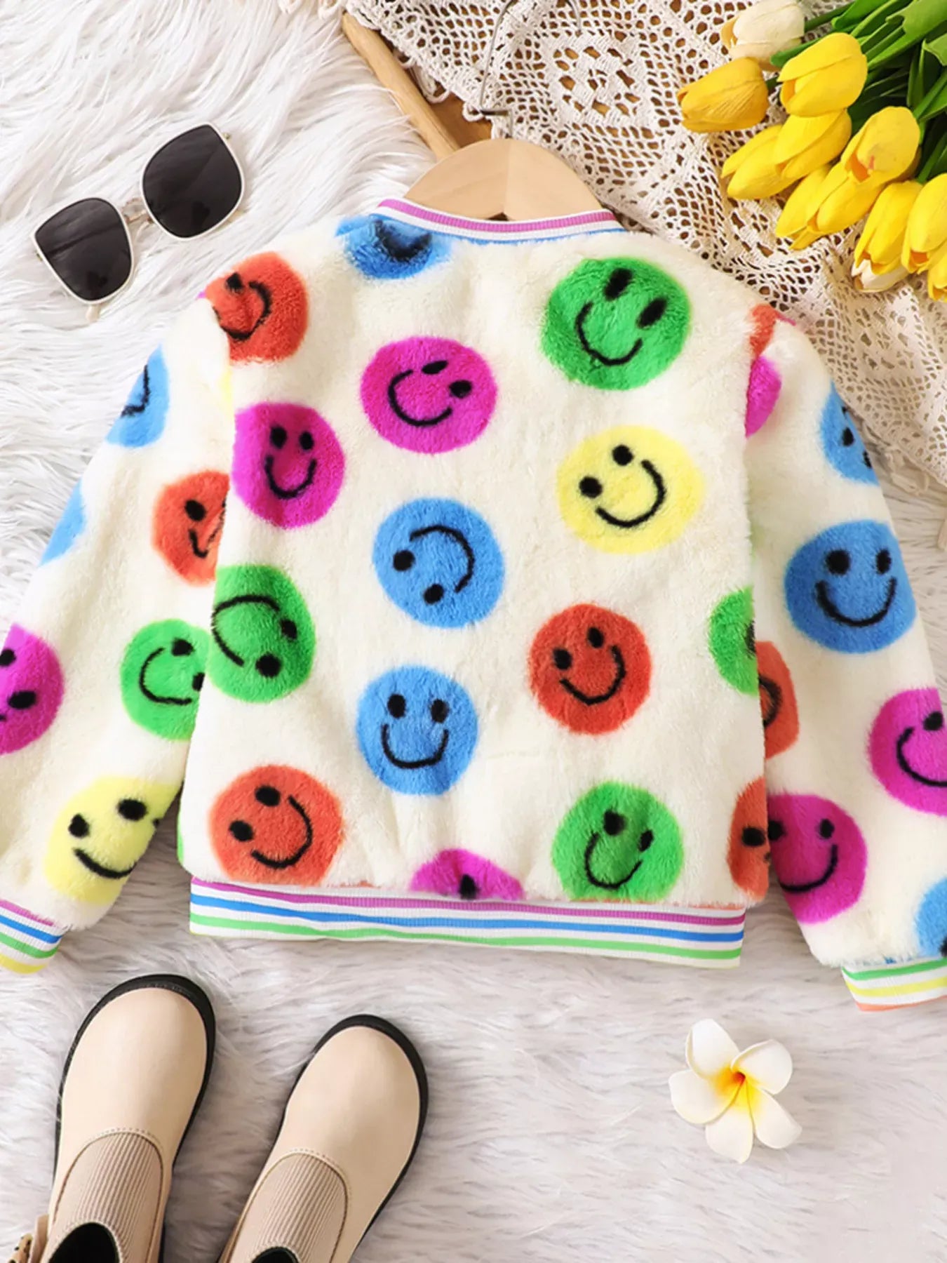 Trendy Kids Apparel US Kids Clothing Children's Cheerful Smiley Face Print Plush Jacket