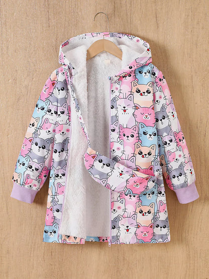 Trendy Kids Apparel US Kids Clothing Children's Cute Cartoon Cat Print Fleece Lined Hooded Jacket with Bag
