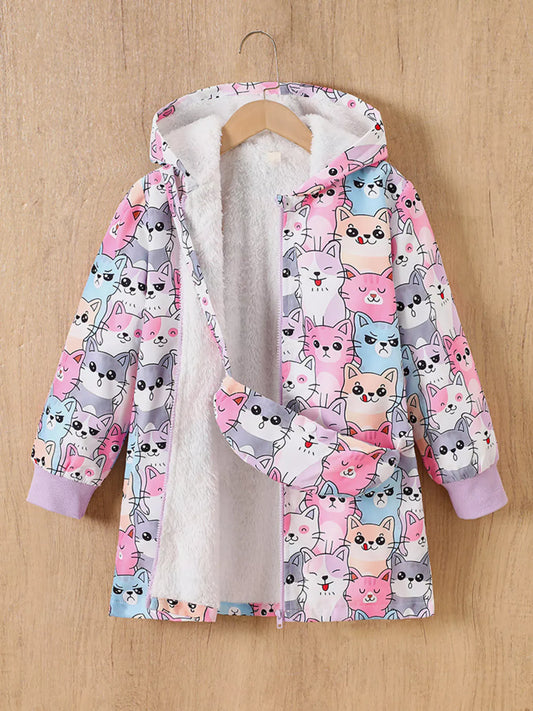 Trendy Kids Apparel US Kids Clothing Children's Cute Cartoon Cat Print Fleece Lined Hooded Jacket with Bag