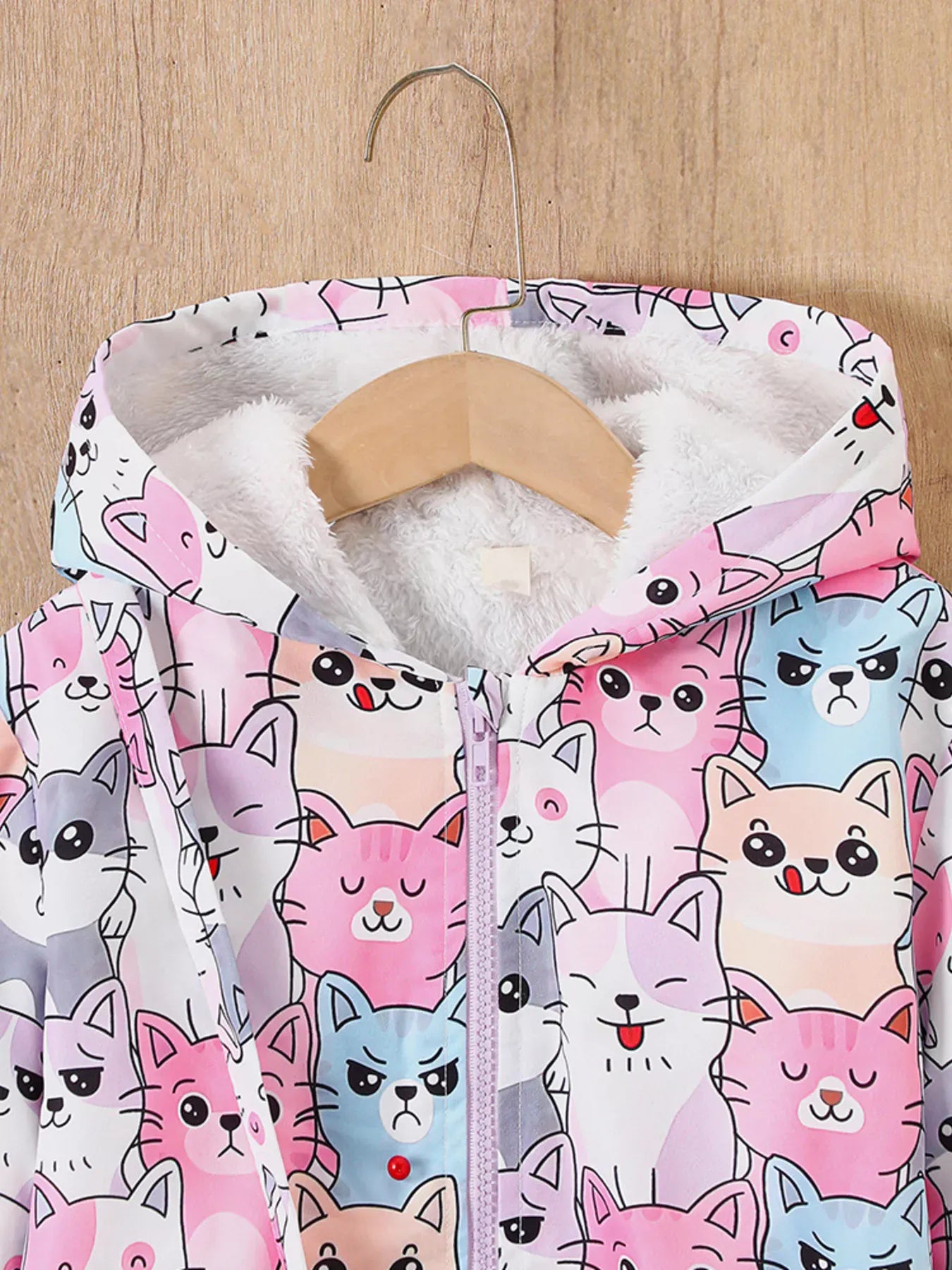 Trendy Kids Apparel US Kids Clothing Children's Cute Cartoon Cat Print Fleece Lined Hooded Jacket with Bag