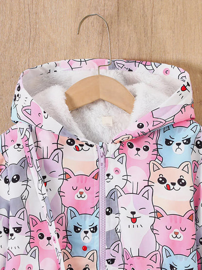 Trendy Kids Apparel US Kids Clothing Children's Cute Cartoon Cat Print Fleece Lined Hooded Jacket with Bag