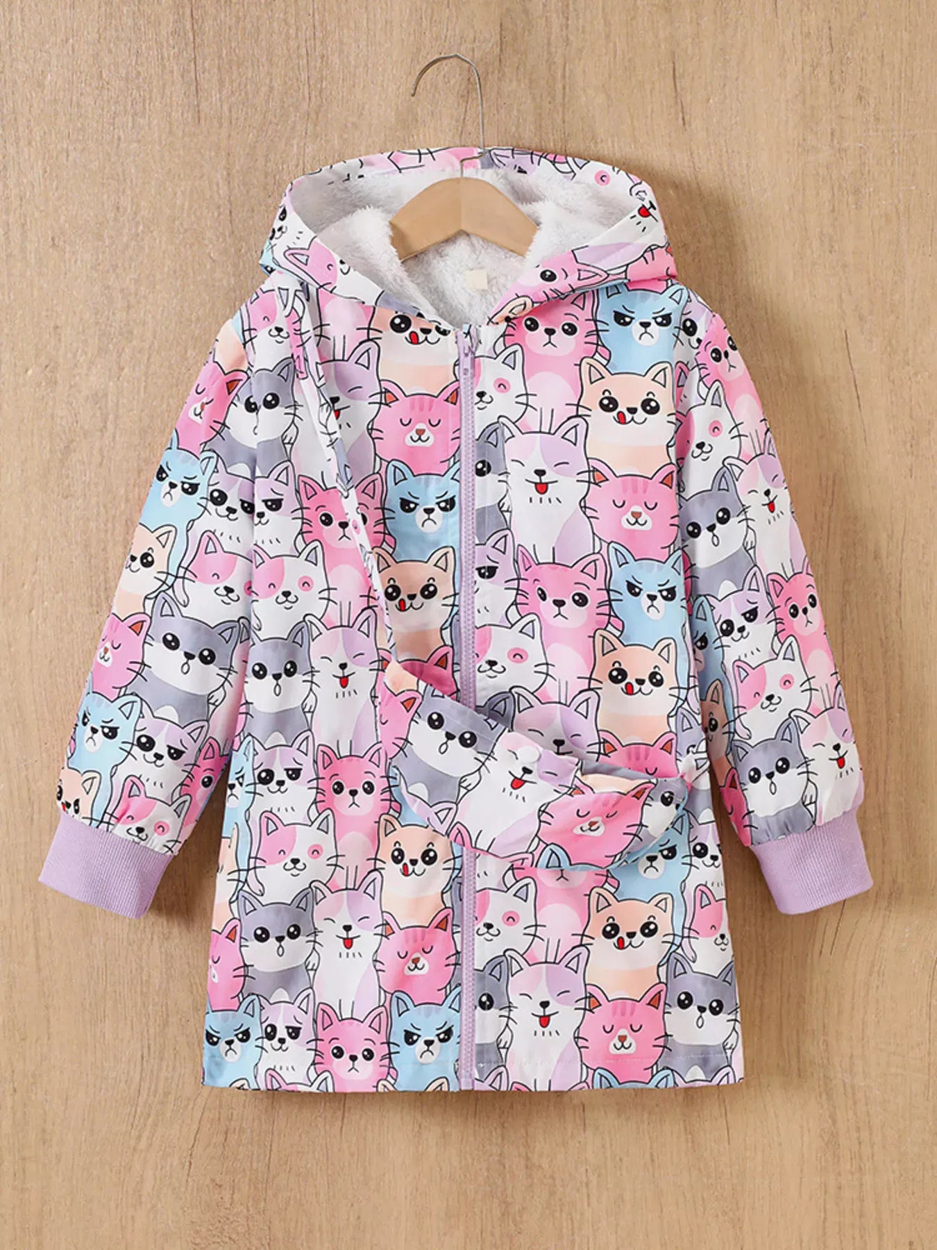 Trendy Kids Apparel US Kids Clothing Children's Cute Cartoon Cat Print Fleece Lined Hooded Jacket with Bag