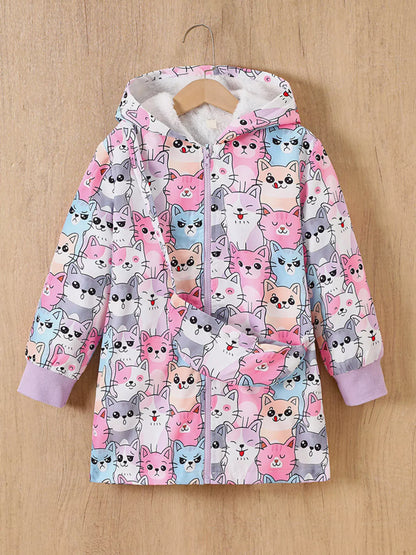 Trendy Kids Apparel US Kids Clothing Children's Cute Cartoon Cat Print Fleece Lined Hooded Jacket with Bag