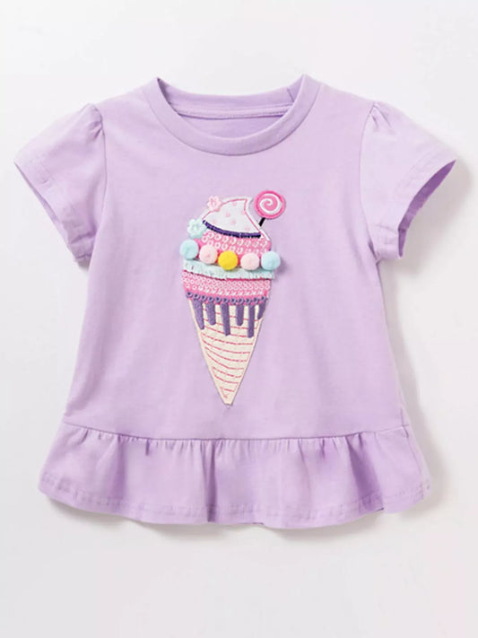 Trendy Kids Apparel US Kids Clothing Children's Cute Ice Cream Applique Ruffle Hem T-Shirt