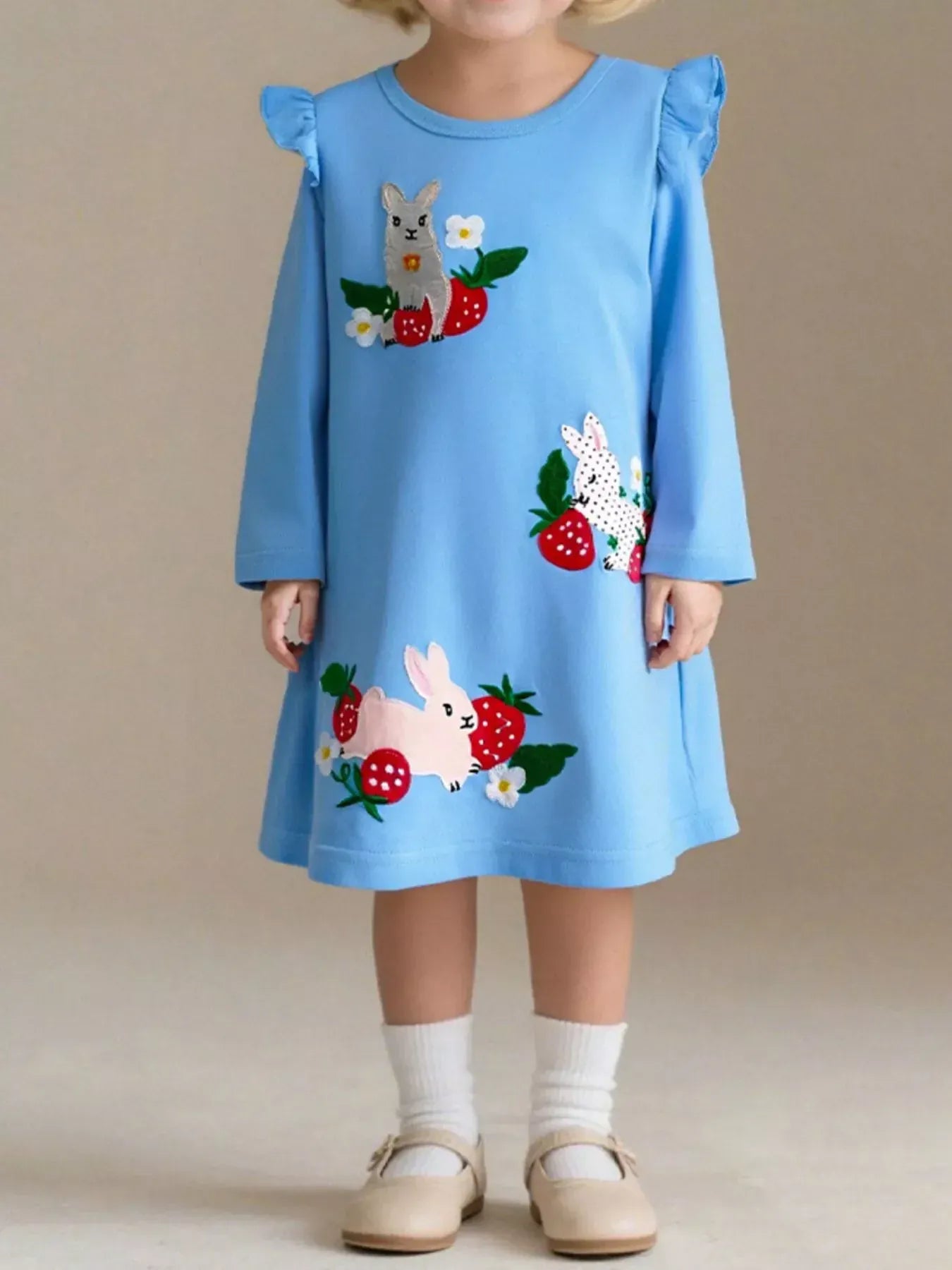 Trendy Kids Apparel US Kids Clothing Children's Cute Rabbit & Strawberry Long Sleeve Dress