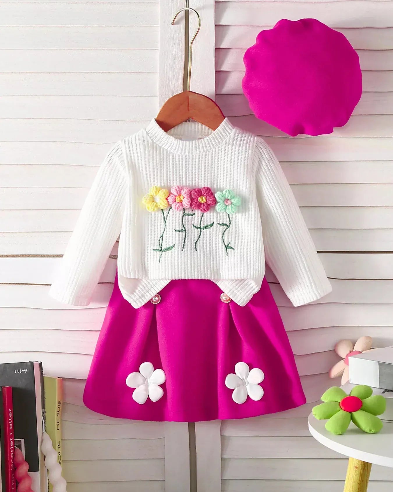 Trendy Kids Apparel US Kids Clothing Children's Floral Applique Ribbed Knit Top & Pleated Skirt Set with Hat