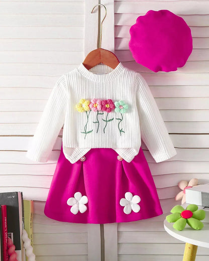 Trendy Kids Apparel US Kids Clothing Children's Floral Applique Ribbed Knit Top & Pleated Skirt Set with Hat
