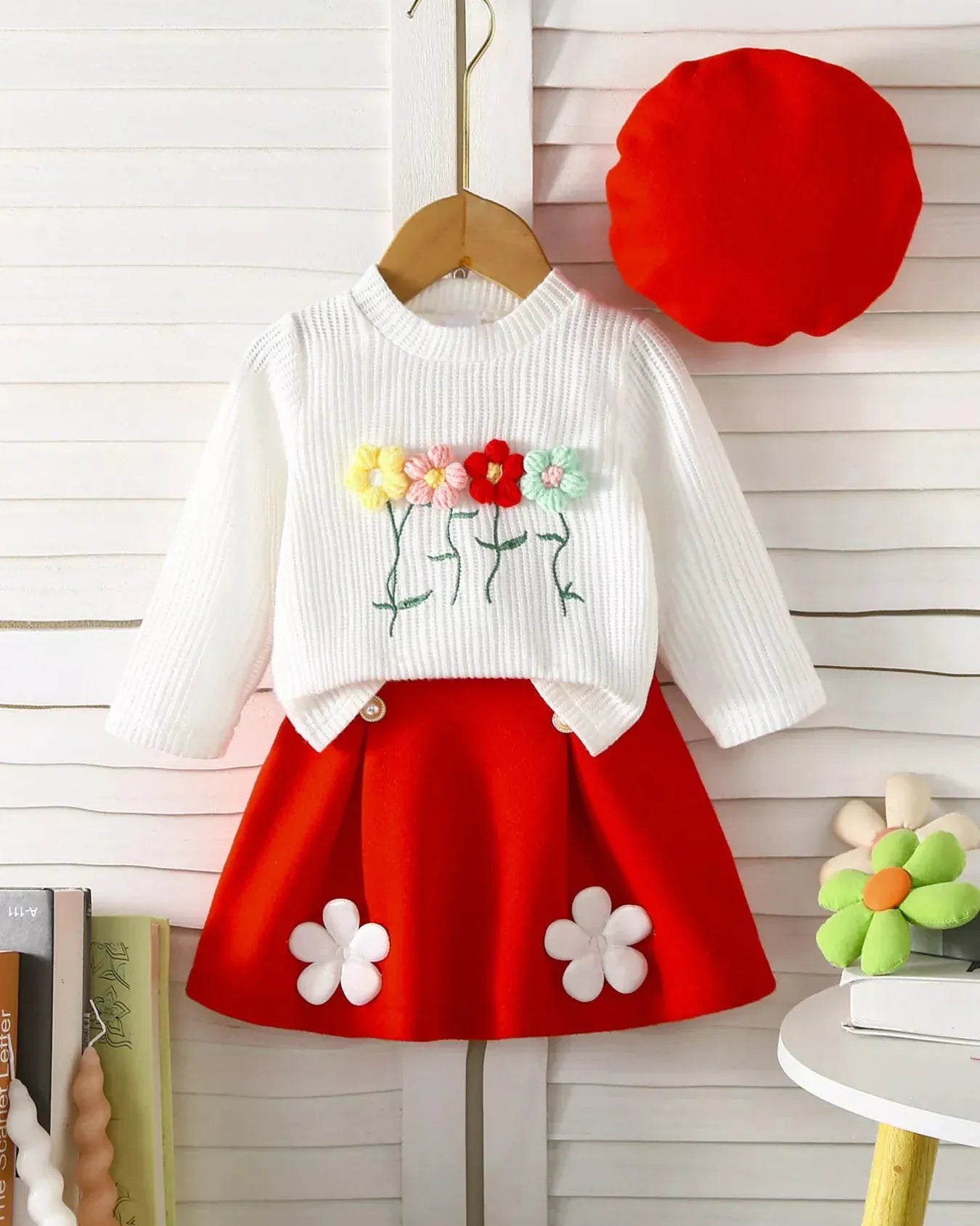 Trendy Kids Apparel US Kids Clothing Children's Floral Applique Ribbed Knit Top & Pleated Skirt Set with Hat