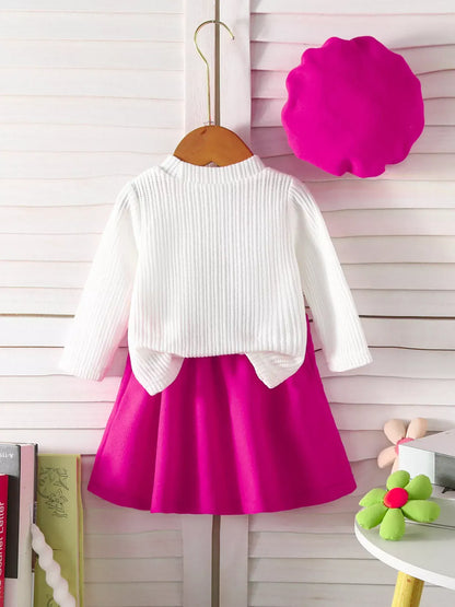 Trendy Kids Apparel US Kids Clothing Children's Floral Applique Ribbed Knit Top & Pleated Skirt Set with Hat