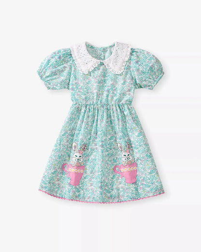 Trendy Kids Apparel US Kids Clothing Children's Floral Print Bunny Peter Pan Collar Dress