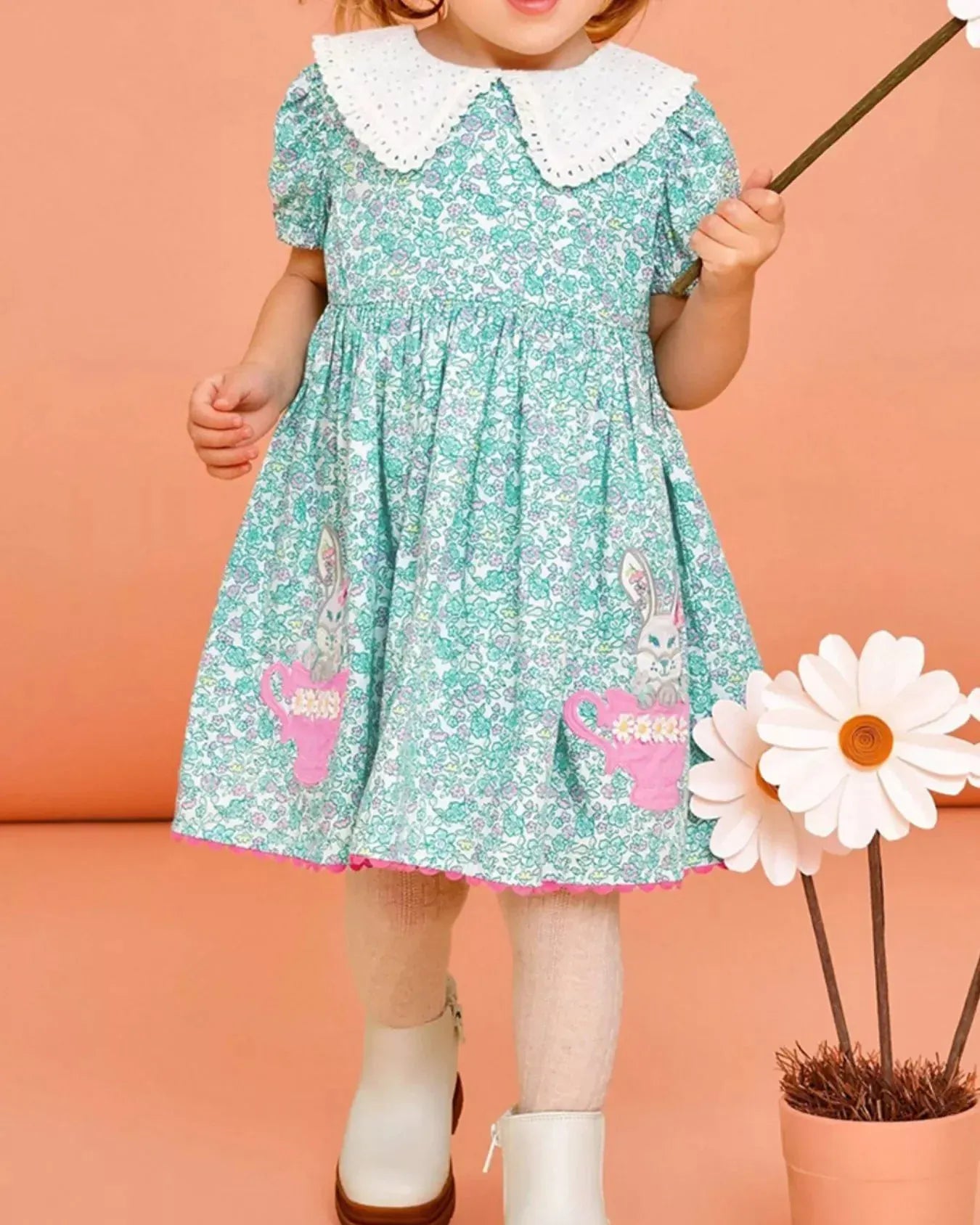 Trendy Kids Apparel US Kids Clothing Children's Floral Print Bunny Peter Pan Collar Dress