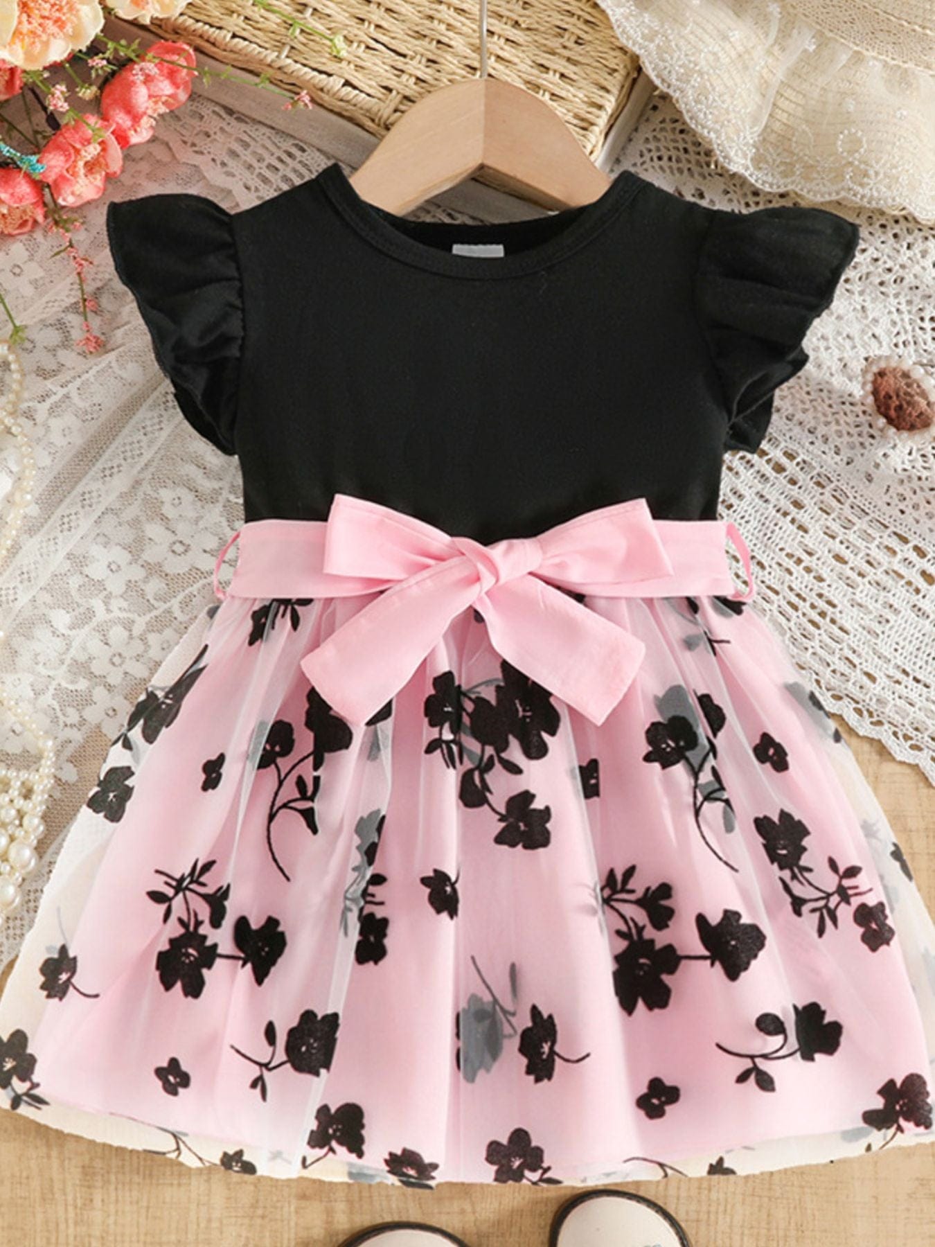 Trendy Kids Apparel US Kids Clothing Children's Floral Print Mesh Bowknot Toddler Dress