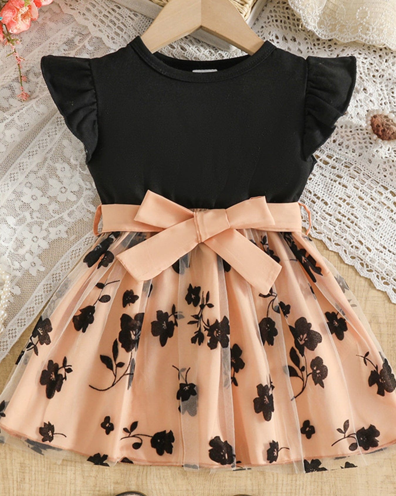 Trendy Kids Apparel US Kids Clothing Children's Floral Print Mesh Bowknot Toddler Dress