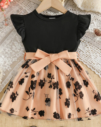 Trendy Kids Apparel US Kids Clothing Children's Floral Print Mesh Bowknot Toddler Dress