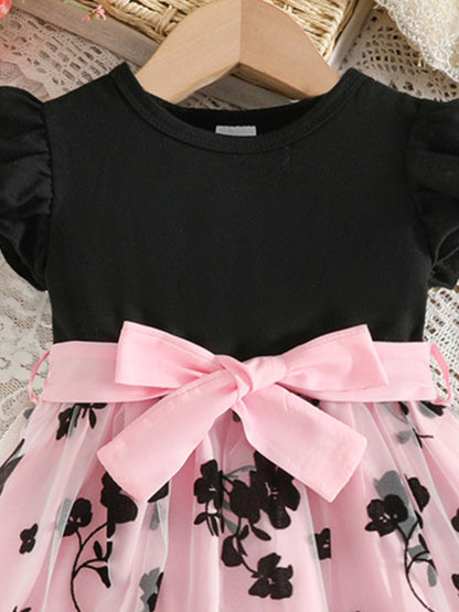 Trendy Kids Apparel US Kids Clothing Children's Floral Print Mesh Bowknot Toddler Dress